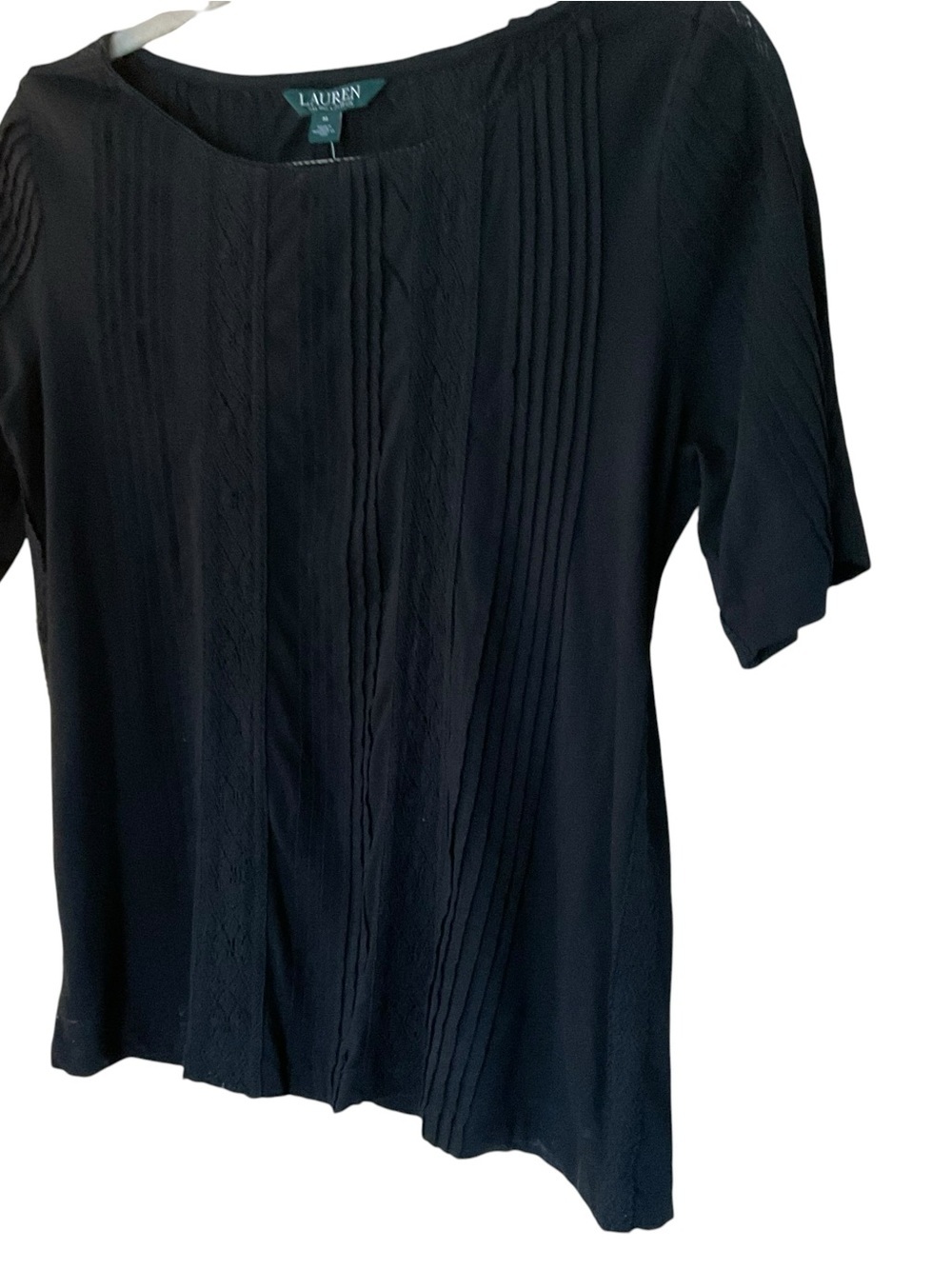 NWT Lauren Ralph Lauren Black Pintuck Lace Detail Blouse Top Size Medium - Picture 2 of 6